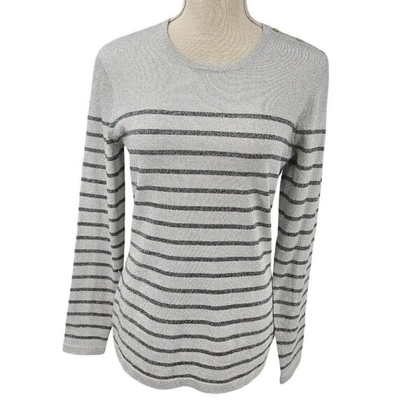 J. McLaughlin Ginger Metallic Stripe Sweater Silver Women’s Size S Preppy Party - Picture 1 of 11